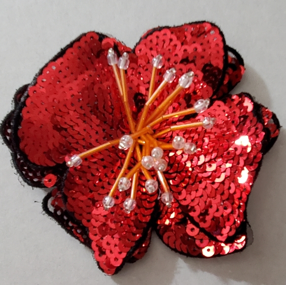 3D hibiscus beaded applique flower sew on iron on patch sequins tropical red - Picture 1 of 9